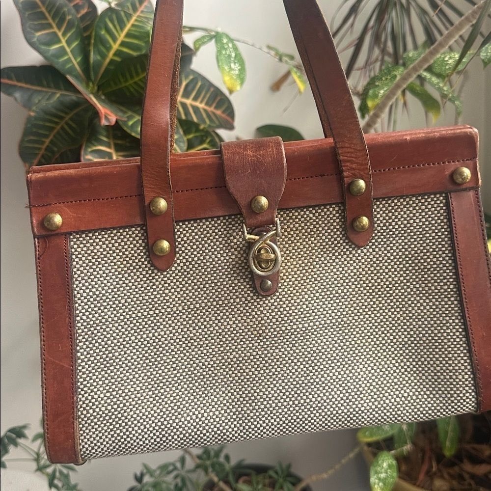 John Romain Vintage Woven Canvas Leather Satchel Handbag Brown Lion Turn Lock